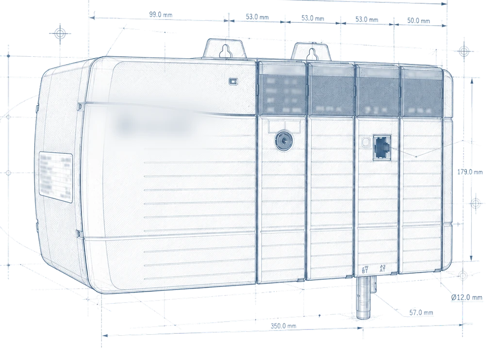 Technical line drawing of a Rockwell Automation controller rack with dimension callouts