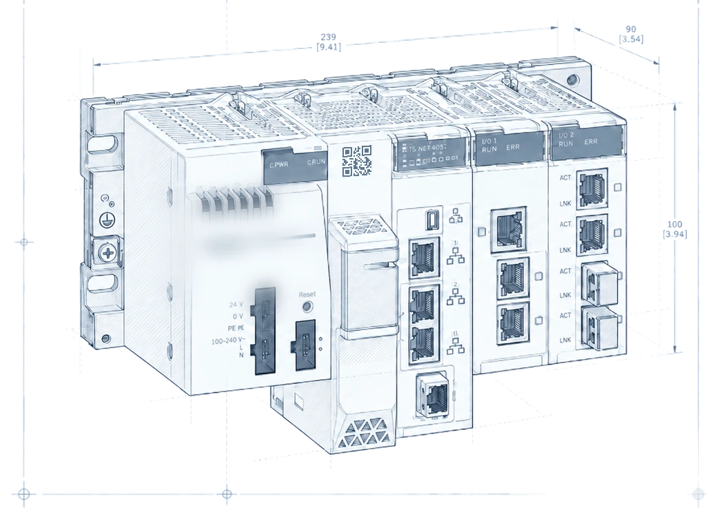 Technical line drawing of a Schneider Electric controller rack with dimension callouts