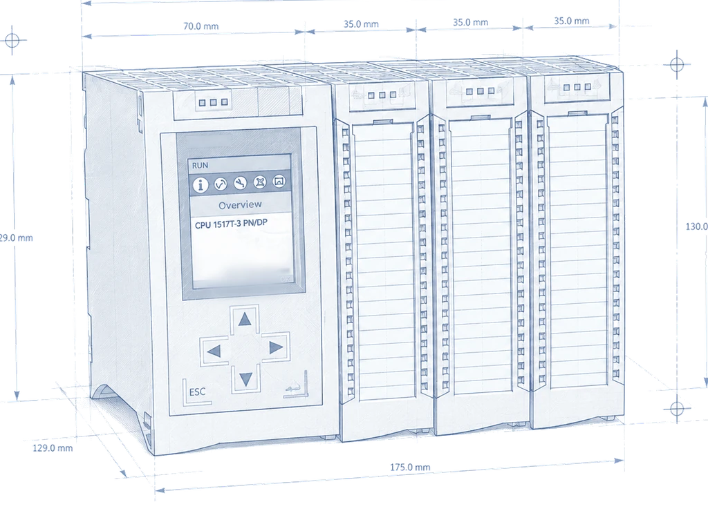 Technical line drawing of a Siemens controller rack with dimension callouts