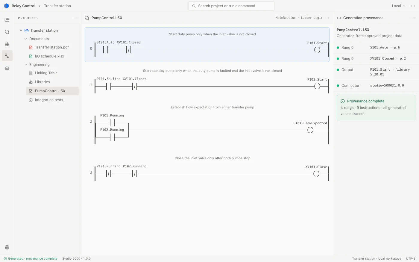 Relay Control controller-code view showing generated PumpControl logic with source provenance tracing values back to P101.